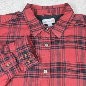 Carhartt Shirt Jacket Womens 2XL (20) Red Black Plaid Fleece Lined Rugged Flex